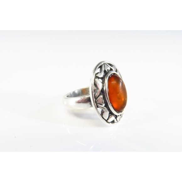 Pierced Silver & Orange Amber Cabochon Vintage Sterling Silver Ring Size 5.25 - Picture 3 of 7